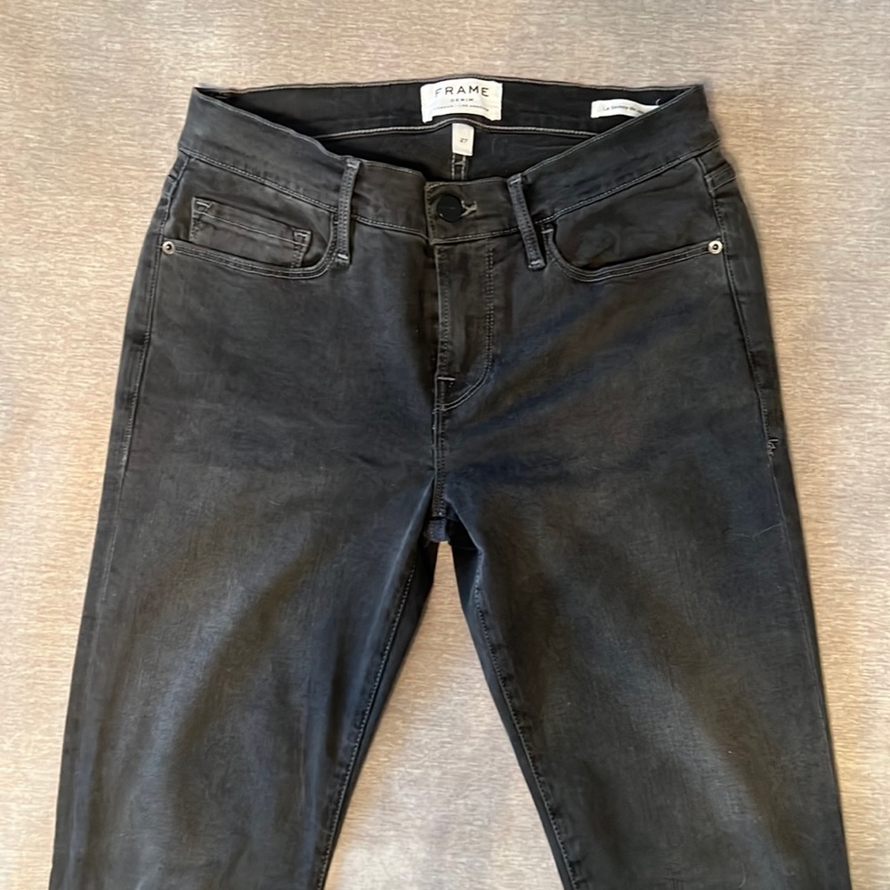 Frame Denim Black Ankle Le Skinny Jean with Front Split Distressed Seams Size 27